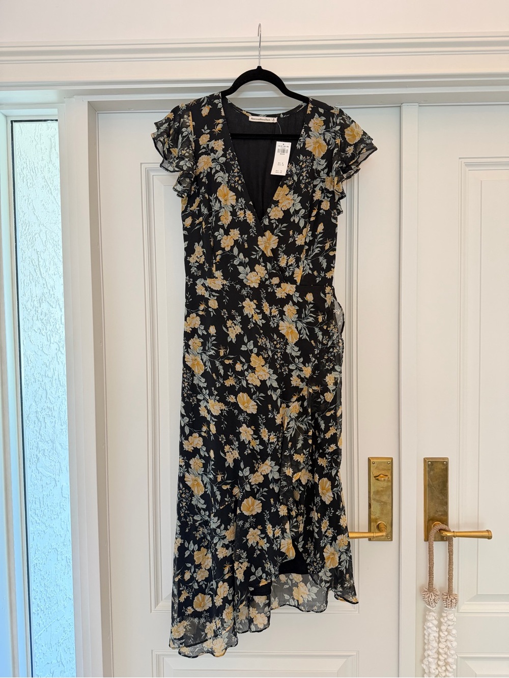 NWT Abercrombie Black Floral Wrap Midi Dress with Yellow Flower Print size M
